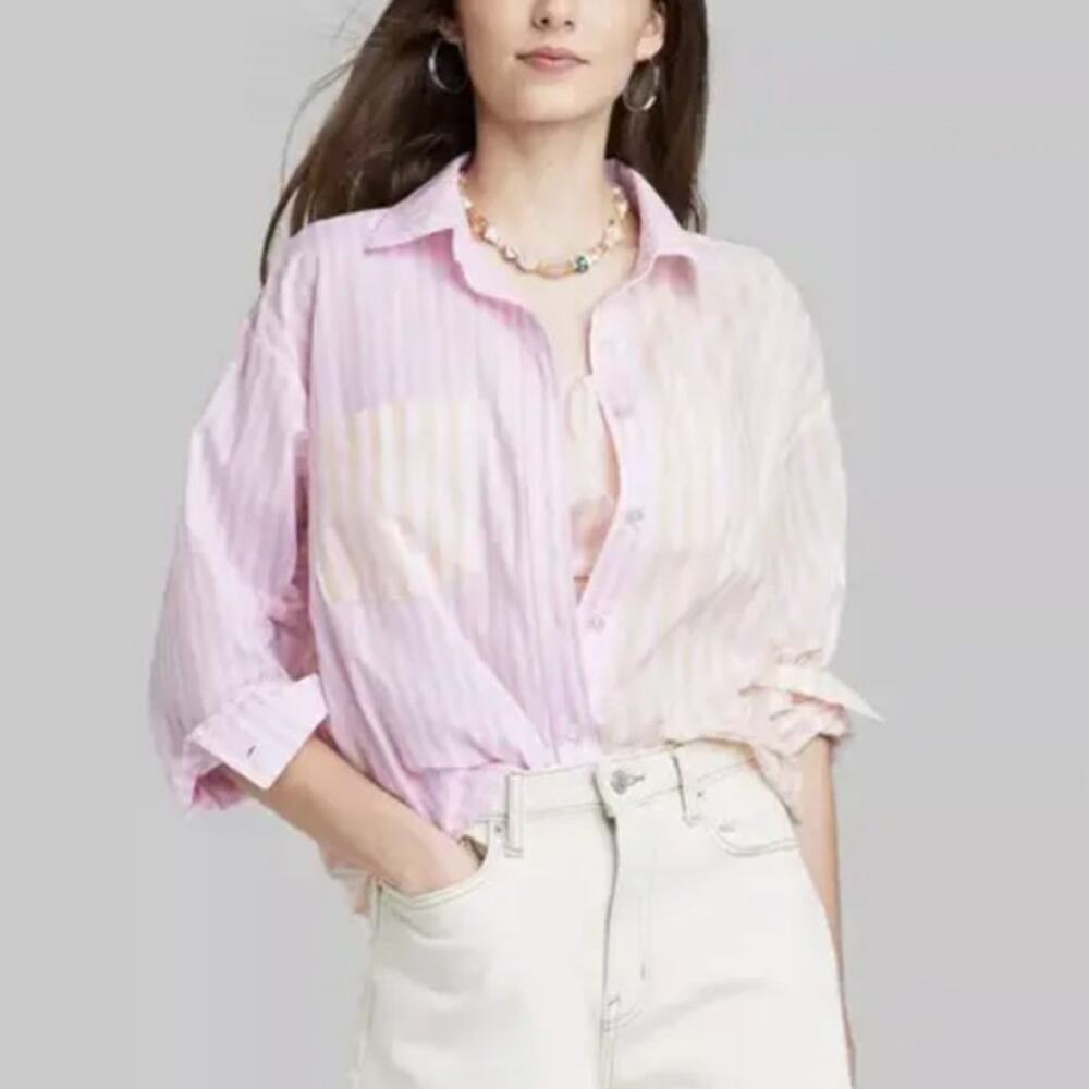 WILD FABLE Colorblock Striped Long Sleeve Button Up Shirt Yellow Pink Womens L - Picture 1 of 9